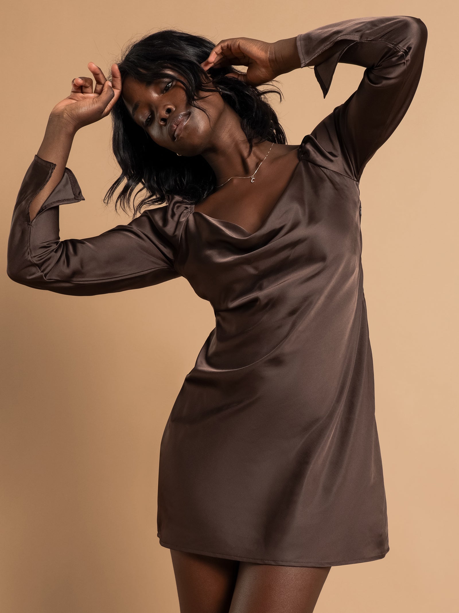 Julia Satin Dress in Chocolate