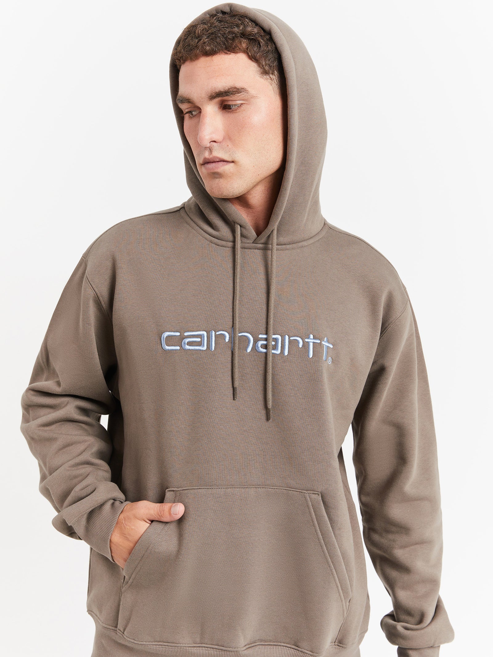 Hooded Carhartt Sweat in Barista Brown & Mirror Blue