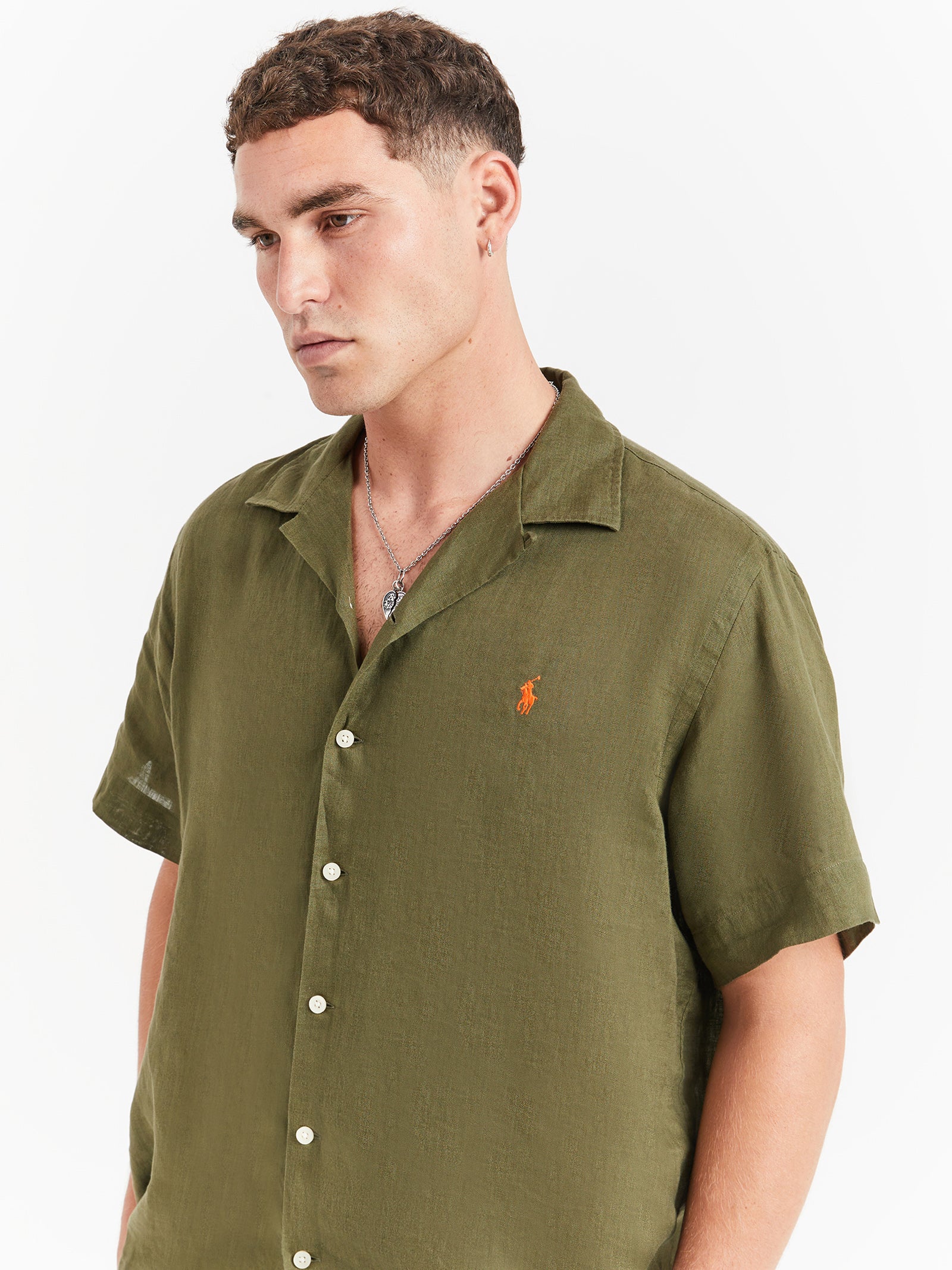 Piece Dye Linen Short Sleeve Shirt in Dark Sage Green