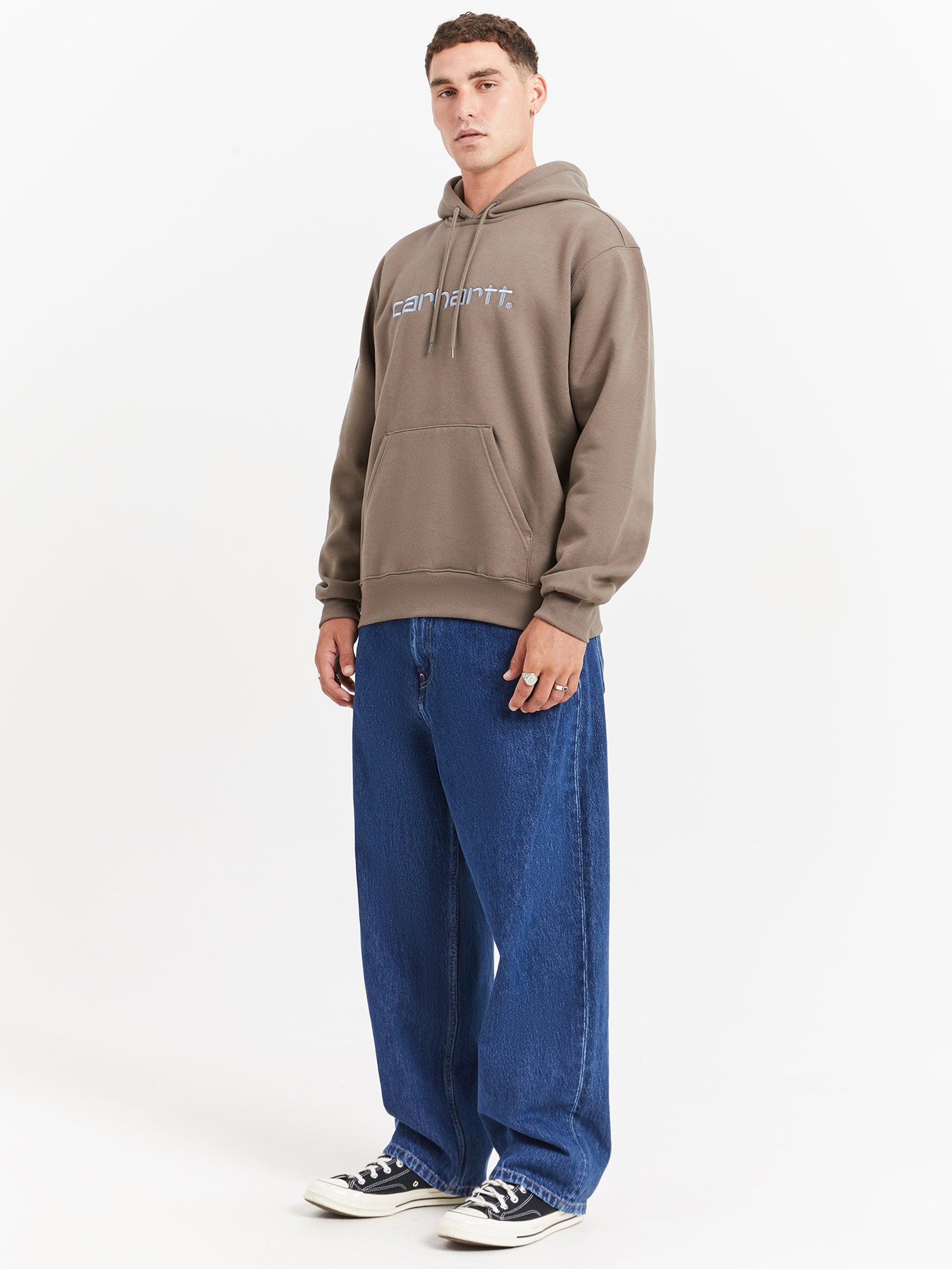 Hooded Carhartt Sweat in Barista Brown & Mirror Blue