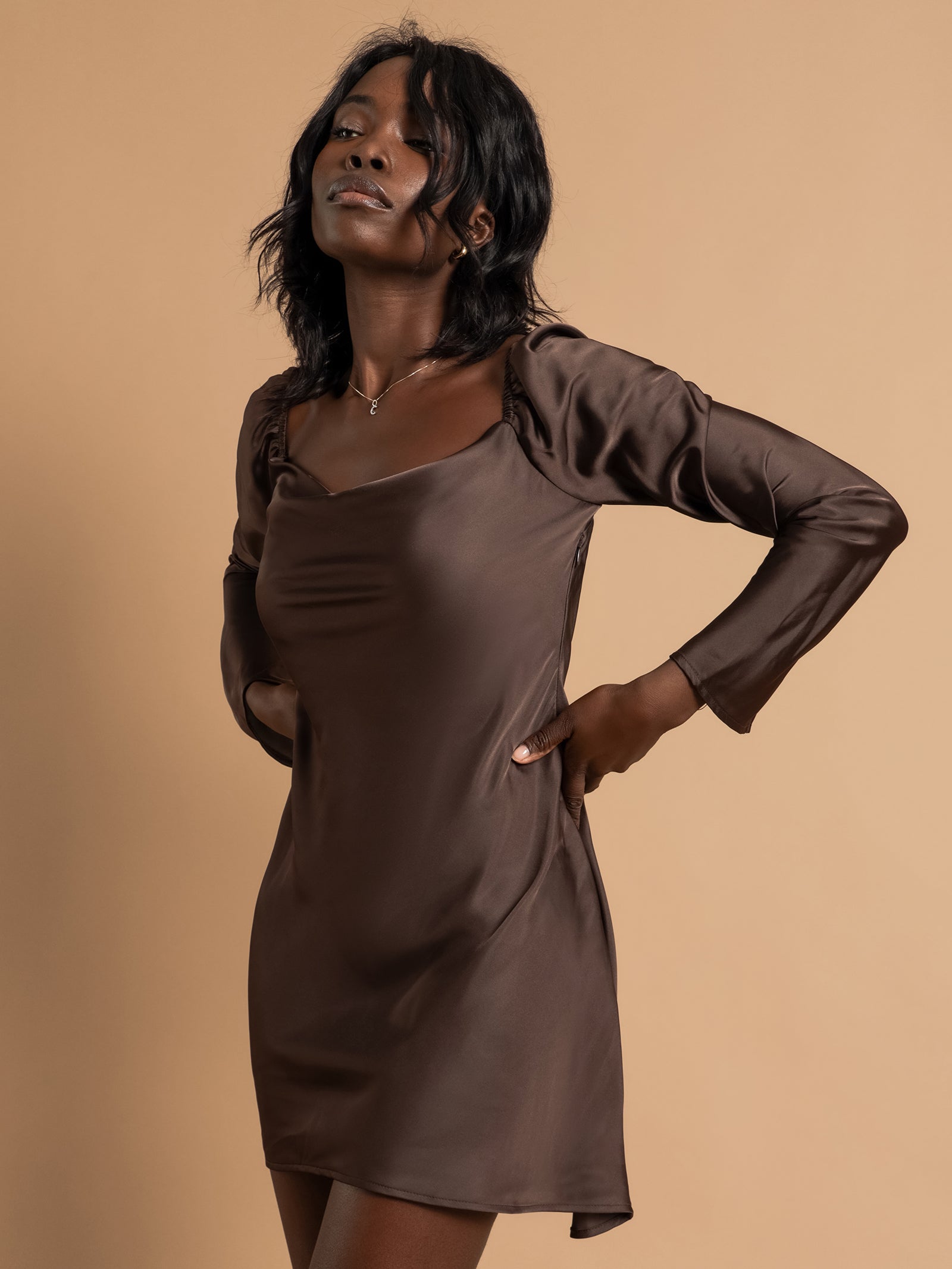 Julia Satin Dress in Chocolate