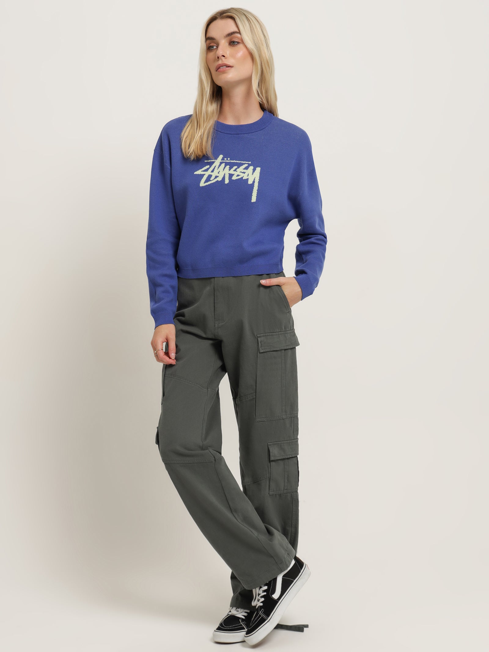 Graffiti Cropped Knit Crew Sweater in Bright Blue