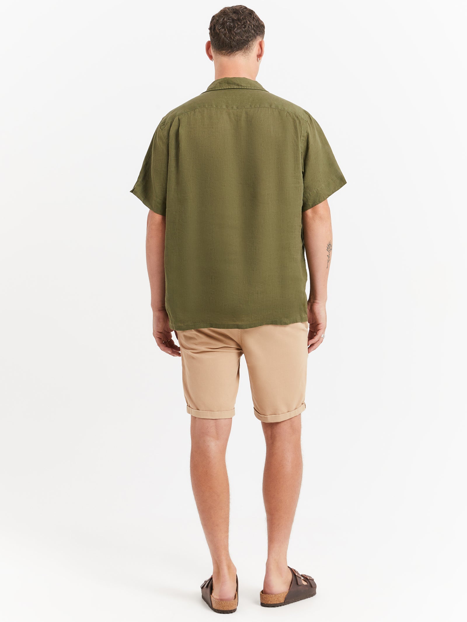 Piece Dye Linen Short Sleeve Shirt in Dark Sage Green