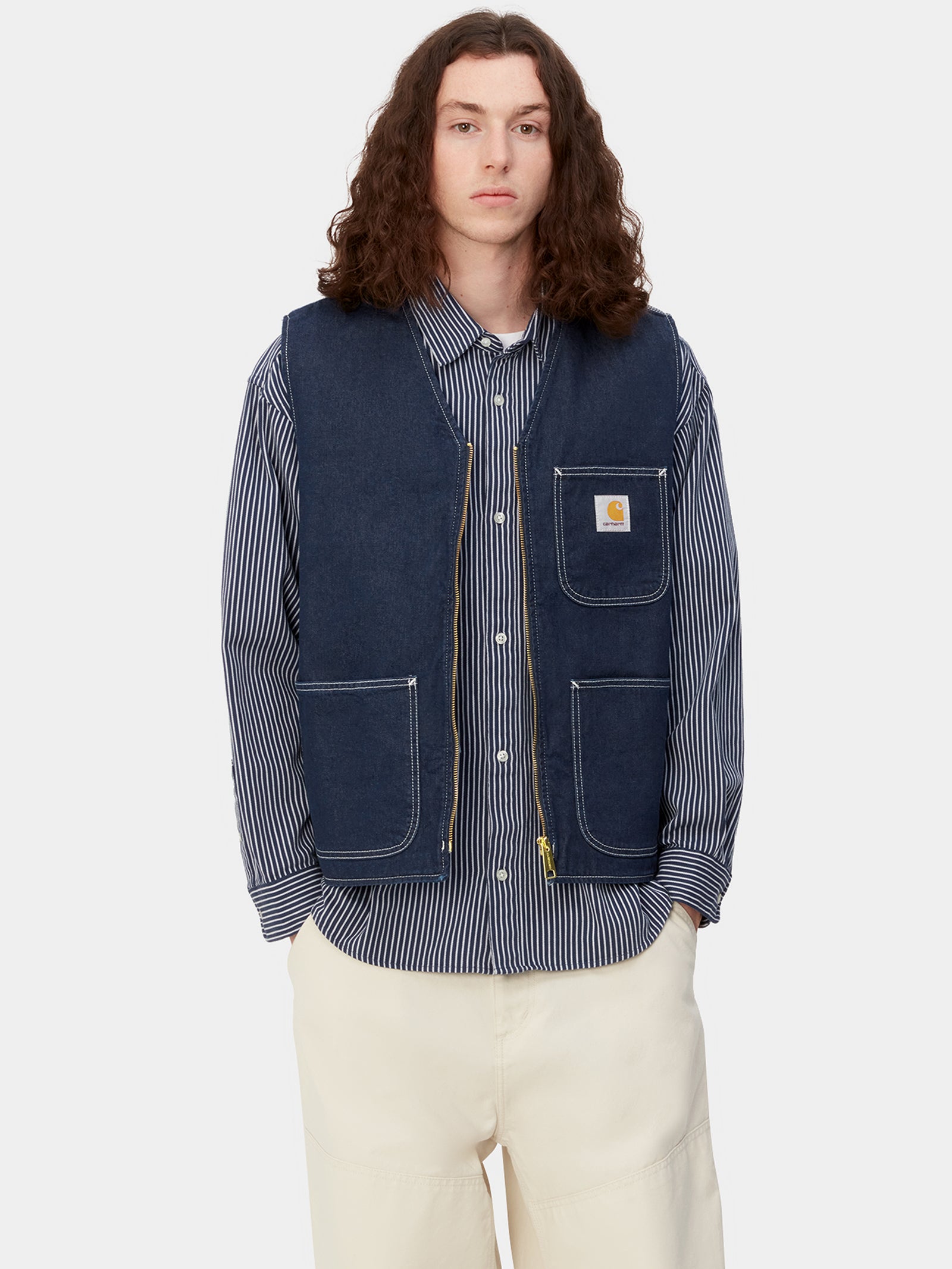 Chore Zip-Through Denim Vest in Blue One Wash