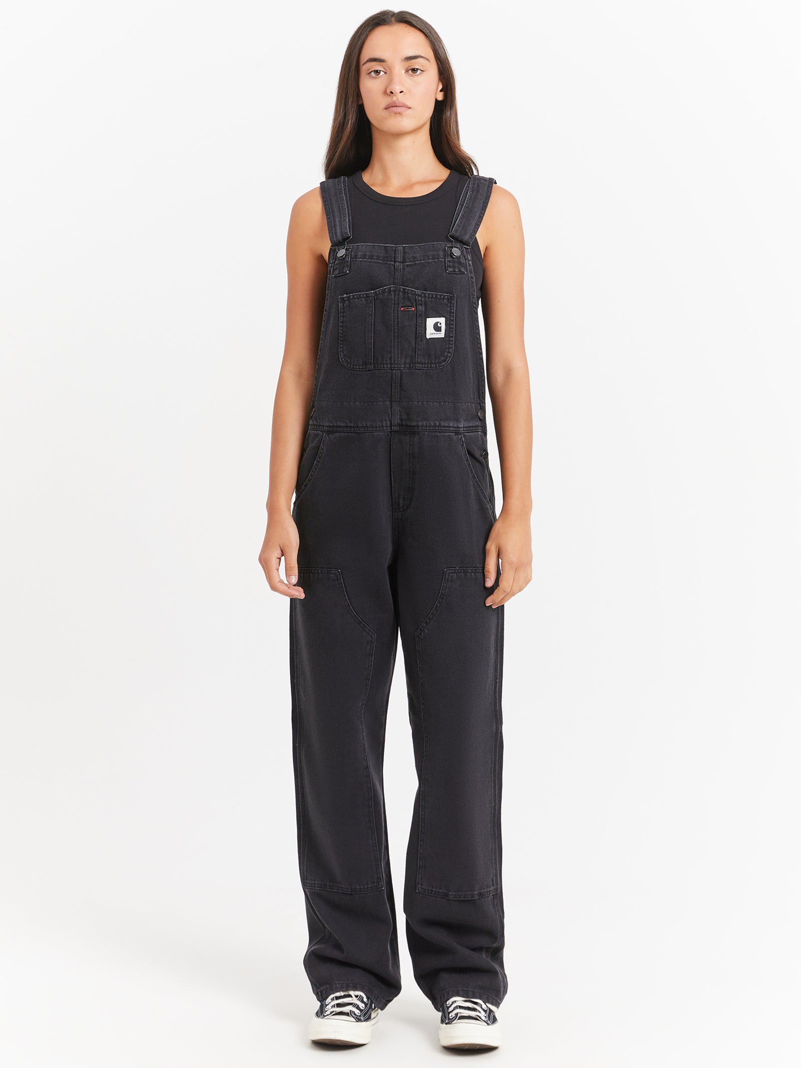 Denim Bib Double Knee Overalls in Stone Wash Black